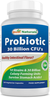 Best Naturals Probiotique: 10 souches, 30 milliards CFU, soutien potentiel de la flore intestinale.