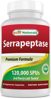 Best Naturals Serrapeptase – Bouteille et capsules végétariennes faciles à avaler.