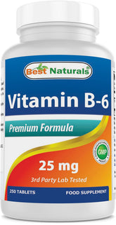 Best Naturals Vitamine B-6 25 mg, comprimés en bouteille, soutien potentiel au système cardiovasculaire.