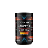 BEYOND RAW Concept X, poudre pré-entraînement orange mangue dans le flacon, énergie et concentration potentielles.