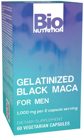 Bio Nutrition Maca Noire gelatinisee, bouteille montrant les gélules, soutien potentiel d'énergie au quotidien.