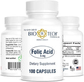 Bio-Tech Pharmacal Acide folique 5 mg – bouteille montrée, soutien potentiel au cœur et au système nerveux.