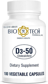 Bio-Tech Pharmacal D3-50 – bouteille visible – soutien potentiel des os et du système immunitaire