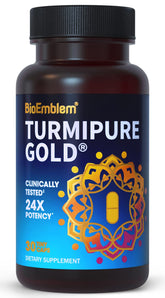 BioEmblem Curcumine TurmiPure en gelules dans une bouteille, soutien articulations potentiel.