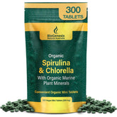 Biogenesis mini-tablettes spiruline-chlorelle en bouteille pour énergie durable et nutrition végétale
