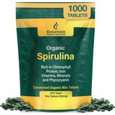 Biogenesis Spiruline mini-tablettes dans la bouteille, énergie quotidienne potentielle.