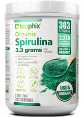 Biophix Spiruline Organique en poudre dans un flacon, source naturelle de protéines et nutriments.