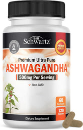 BioSchwartz Ashwagandha gélules 500 mg, bouteille fermée – calme et concentration.
