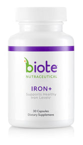 Biote Fer+ boîte de capsules montrant l'emballage pour soutenir l'énergie.