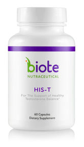 Biote HIS-T, bouteille du produit, soutien potentiel équilibre hormonal chez les hommes.