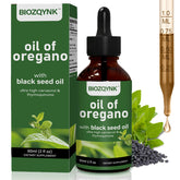 BIOZQYNK gouttes-liquides-origan-nigelle sur bouteille, soutien immunitaire naturel et bien-être.
