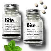 Tablettes Bite blanchissantes en bouteille voyage, pratique pour un brossage en déplacement.