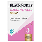 Boîte Blackmores Conceive Well Gold avec étiquette claire, pratique pour votre routine quotidienne.