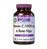 Bluebonnet Vitamin C-1000 mg avec rose musquée – flacon et capsules végétales, soutien immunitaire potentiel.