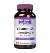 BlueBonnet Vitamine D3 5000 UI – emballage jaune, gélules faciles à avaler pour un soutien quotidien.