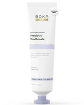 Boka dentifrice sans fluorure—emballage, routine quotidienne sûre.
