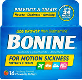 Bonine framboise, tablettes mâchables, peut agir rapidement sans eau.