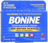 Bonine, comprimés framboise, aperçu du produit pour le mal des transports.