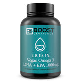 BoostCeuticals Omega3 algue – bouteille et capsules, soutien potentiel cœur et cerveau.