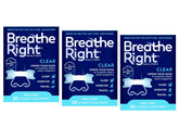 Bandes nasales Breathe Right transparentes sur emballage, confort discret et pratique.
