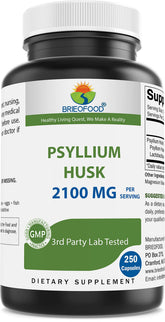 Brieofood Psyllium en capsules dans le flacon, soutien potentiel à la digestion et à la régularité.