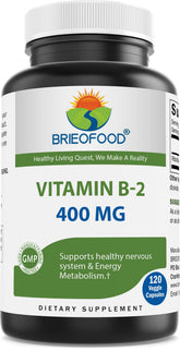 Brieofood Vitamine B2 400mg – bouteille montrant l'emballage et le potentiel énergie et métabolisme