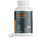 Bronson Biotin 10000mcg en bouteille, concentration élevée pour cheveux sains et ongles forts.