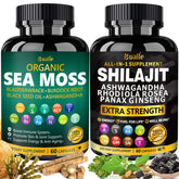 Capsules Bualle algue-de-mer-shilajit affichées; soutien nutritionnel quotidien possible.