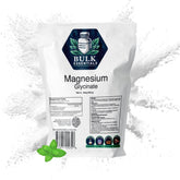 Bulk Essentials poudre magnésium glycinate, flacon, soutient relaxation et sommeil.