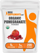 BulkSupplements poudre de grenade biologique dans une bouteille, pratique pour l'apport quotidien.