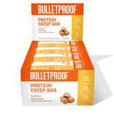 Barres Bulletproof Protein Crisp caramel salee, énergie pratique en déplacement.