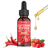 Gouttes Cayenne Buporai dans une bouteille ouverte, soutien digestif potentiel.
