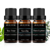 Huiles BURIBURI Tea Tree en flacon ambré de 10 ml pour diffuser un parfum rafraîchissant.