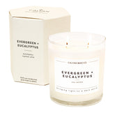 Bougie Calyan Wax Co Evergreen Eucalyptus avec 2 mèches pour diffusion homogène.