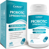 CANLIST Probiotiques: bouteille montrant 120 milliards CFU pour soutien digestif potentiel.