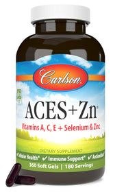 Carlson ACES + Zn : boîte visible, gélules souples, antioxydants et zinc pour un complément quotidien.