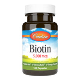 Carlson Biotine 5000 mcg en bouteille, soutien potentiel à la vitalité et cheveux.