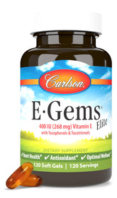 Carlson E-Gems Elite, bouteille de gélules molles, soutien potentiel à la santé cardiovasculaire.