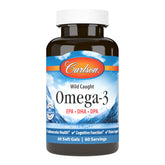 Carlson Omega-3 gélules dans une bouteille, pratique pour un apport quotidien.