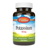 Carlson Potassium 99 mg, tablettes visibles dans la bouteille, soutien des nerfs et muscles.