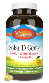 Carlson Solar D Gems : bouteille citron, complément pour la santé osseuse et immunitaire.