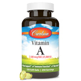 Carlson vitamine A 25000 UI: bouteille montrant le flacon et le soutien peau saine.