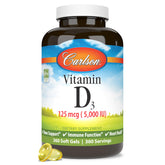 Carlson vitamine D3 5000 UI – flacon et gélules, soutien potentiel des os et du métabolisme du calcium.