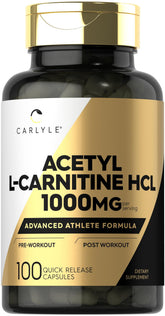 Carlyle Acetyl L-Carnitine HCL – bouteille 1000 mg prête pour l'entraînement.
