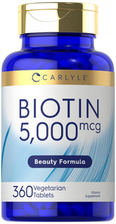 Carlyle Biotine 5000 mcg, flacon, soutien beauté pour cheveux et ongles.