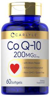 Carlyle CoQ10 200 mg en gélules, bouteille, favorise une absorption potentialisée par le poivre noir