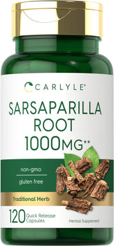 Carlyle sarsaparilla racine capsules bouteille montre le format pratique et sans gluten