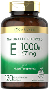 Gélules Carlyle vitamine E 1000 UI dans une bouteille, faciles à avaler.