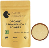 Carmel Organics Ashwagandha poudre – bouteille, pratique pour routine bien-être.