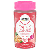 Centre Morning Sickness Relief Gommes gélifiées, bouteille citron-gingembre, pratique contre les nausées quotidiennes.